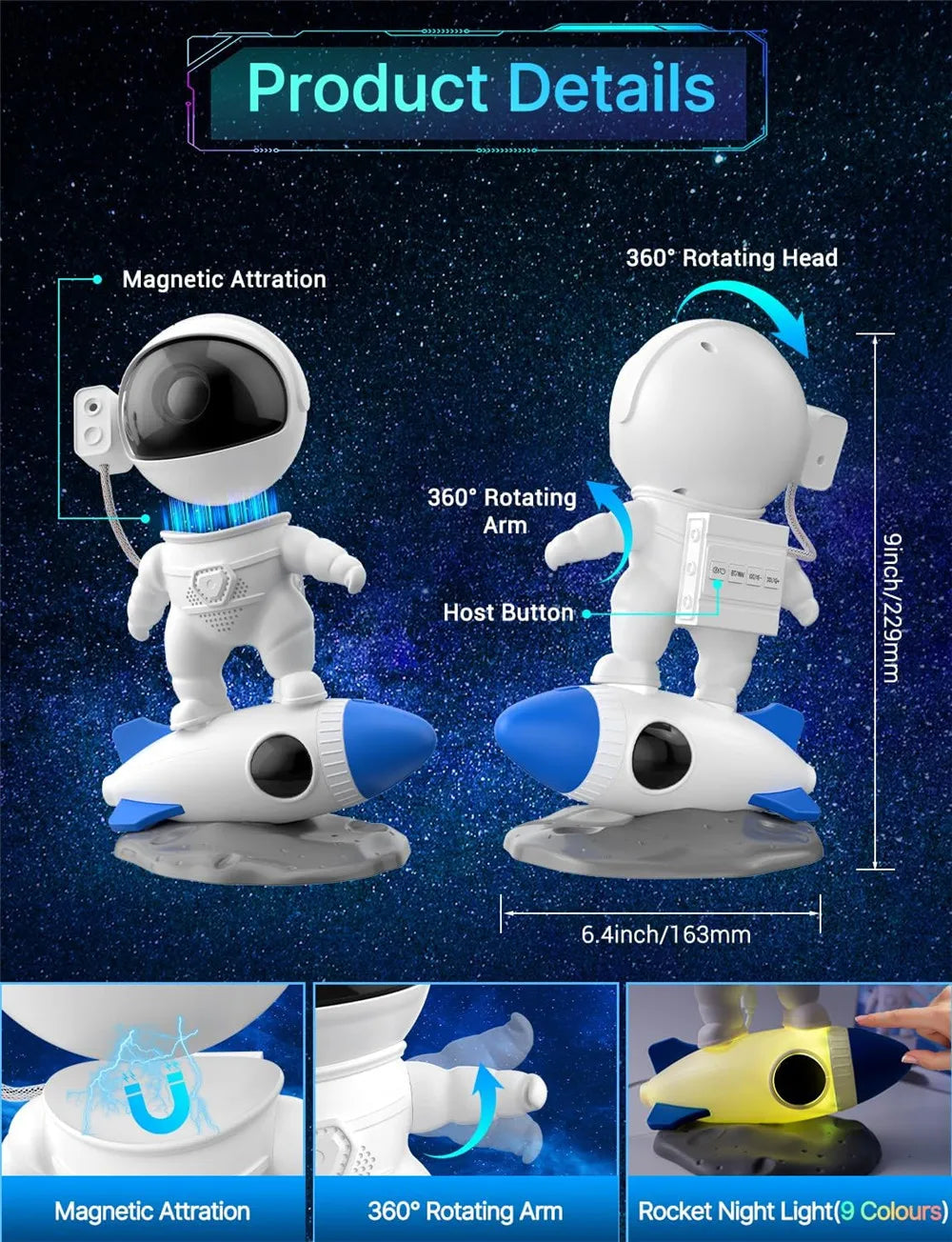 Proyector Cohete Astronauta con 12 Discos de Cielo Estrellado – Lámpara Nocturna Planetario