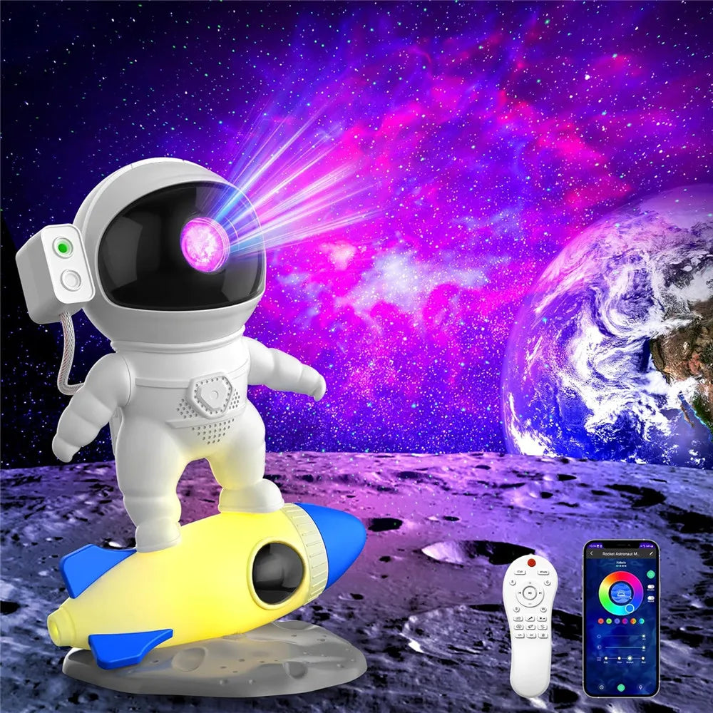 Proyector Cohete Astronauta con 12 Discos de Cielo Estrellado – Lámpara Nocturna Planetario